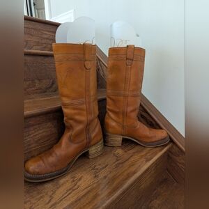 Vintage 70s Longhorn Stitched Campus Frye style Amber leather Western Boots 10 D